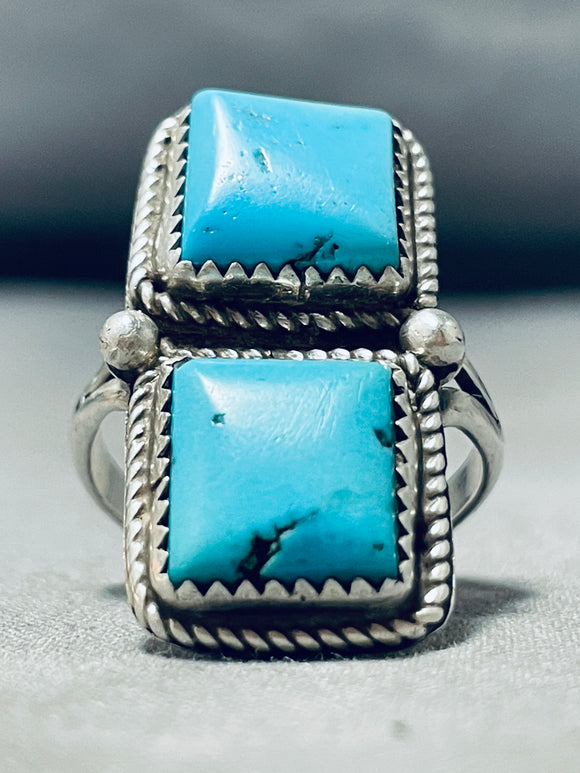 Awesome Vintage Native American Navajo 2 Morenci Turquoise Sterling Silver Large Ring-Nativo Arts