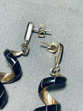 Fabulous Vintage Native American Navajo Jet Sterling Silver Twirl Dangle Earrings-Nativo Arts