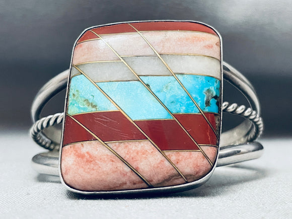 One Of The Best Vintage Native American Navajo Inlay Sterling Silver Turquoise Bracelet-Nativo Arts