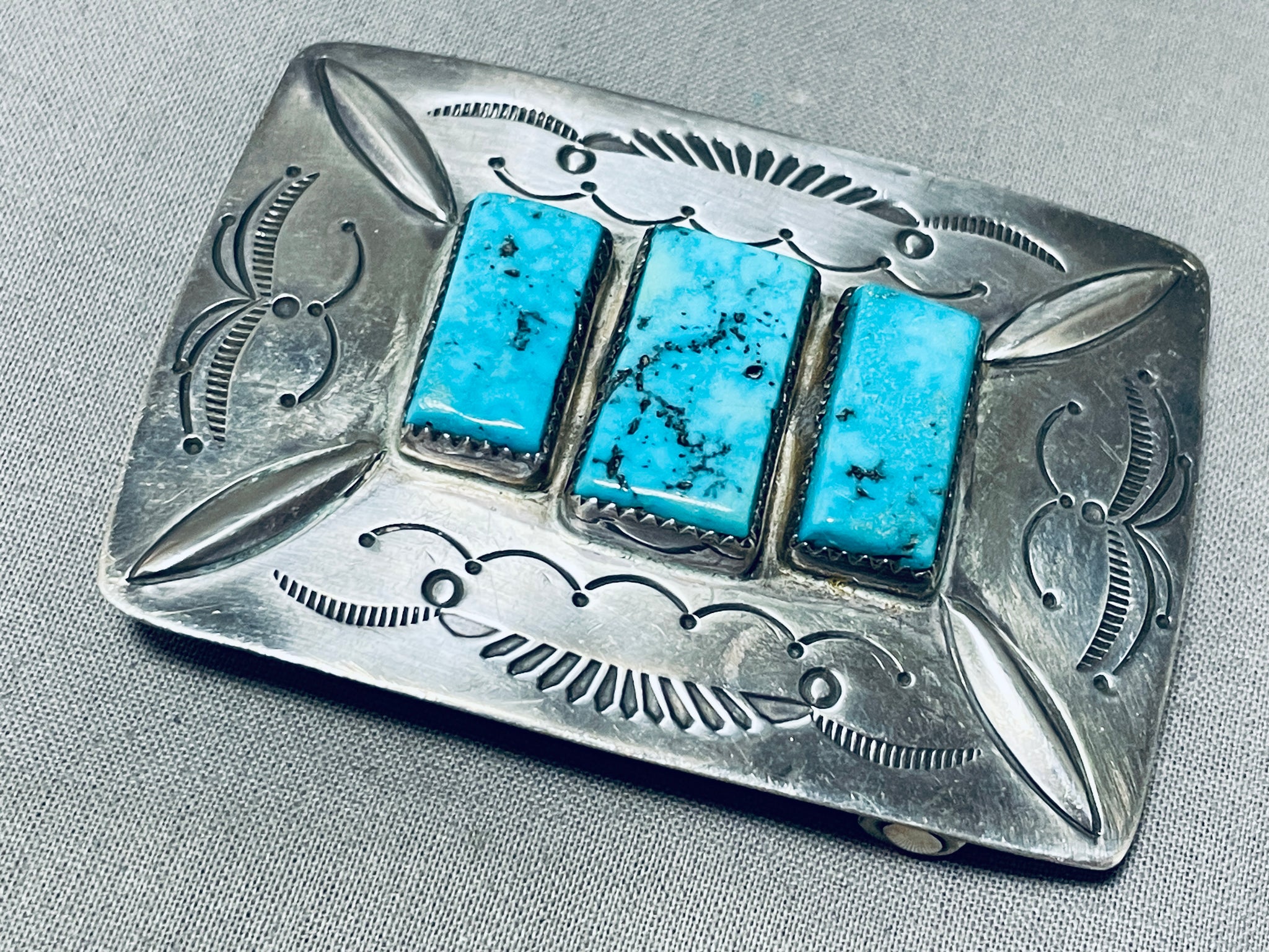 Turquoise & Tufa Vintage Navajo Silver Buckle of Repousse and Stamping