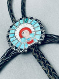 Early 1900's Vintage Native American Zuni Turquoise Inlay Chief Sterling Silver Bolo Tie-Nativo Arts