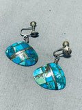 Native American Interesting Vintage Santo Domingo Turquoise Inlay Sterling Silver Shell Earrings-Nativo Arts