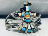 Monumental Vintage Native American Zuni Turquois Einlay Bird Sterling Silver Bracelet-Nativo Arts