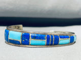 6.5 Inch Wrist Vintage Native American Navajo Turquoise Lapis Inlay Sterling Silver Bracelet-Nativo Arts