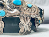 Hand Tooled Benny Yazzie Vintage Native American Navajo Sterling Silver Turquoise Concho Belt-Nativo Arts