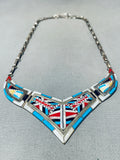 Extremely Intricate Vintage Native American Zuni Turquoise Inlay Sterling Silver Necklace-Nativo Arts