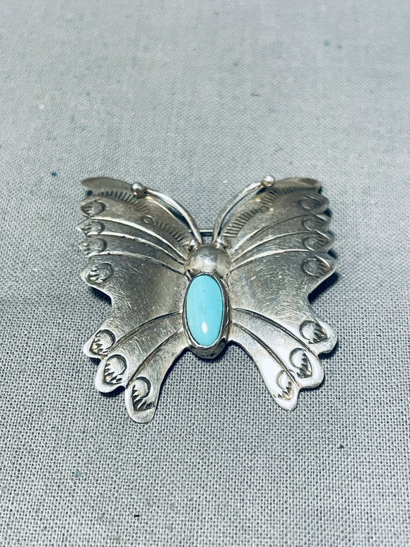 Whimsical Vintage Native American Navajo Blue Gem Turquoise Sterling Silver Butterfly Pin-Nativo Arts