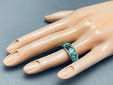 Size 13.5 Rare Vintage Native American Navajo Green Turquoise Inlay Sterling Silver Ring-Nativo Arts