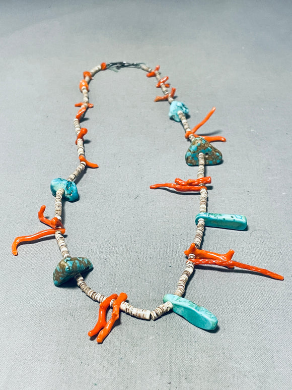Colorful Vintage Native American Navajo Turquoise Coral Heishi Sterling Silver Necklace-Nativo Arts
