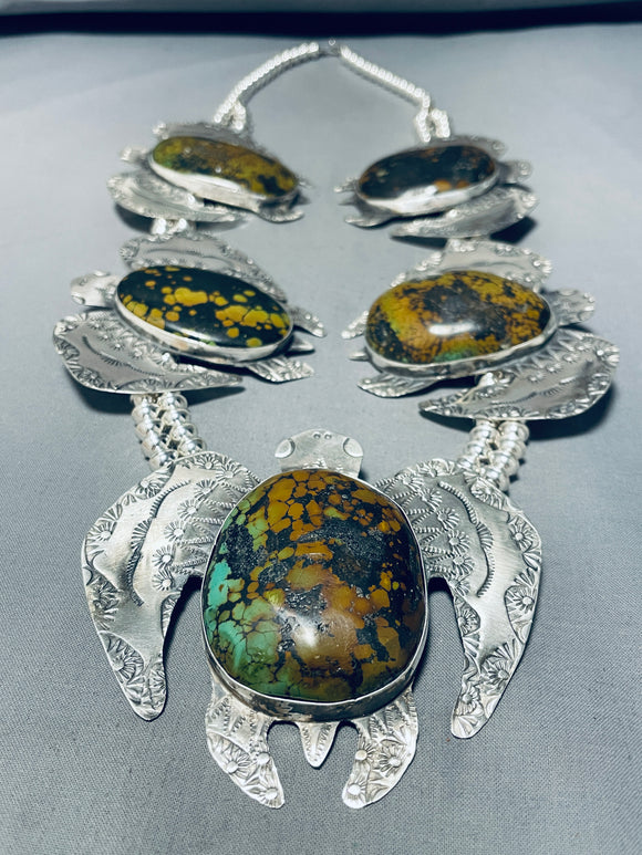 461 Grams!! Native American Navajo Turquoise Sterling Silver Tortoise Squash Blossom Necklace-Nativo Arts