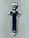Rare Vintage Native American Navajo Jet Mother Of Pearl Sterling Silver Cross Necklace-Nativo Arts