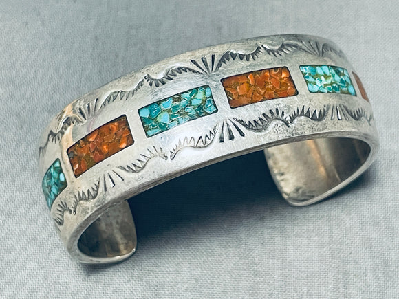 Noteworthy Vintage Native American Navajo Inlay Turquoise Coral Sterling Silver Bracelet-Nativo Arts