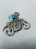 Rare Native American Hopi Turquoise Sterling Silver Kokopelli Motorcycle Pin-Nativo Arts