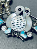 Snow Owl Vintage Native American Zuni Turquoise Inlay Sterling Silver Squash Blossom Necklace-Nativo Arts