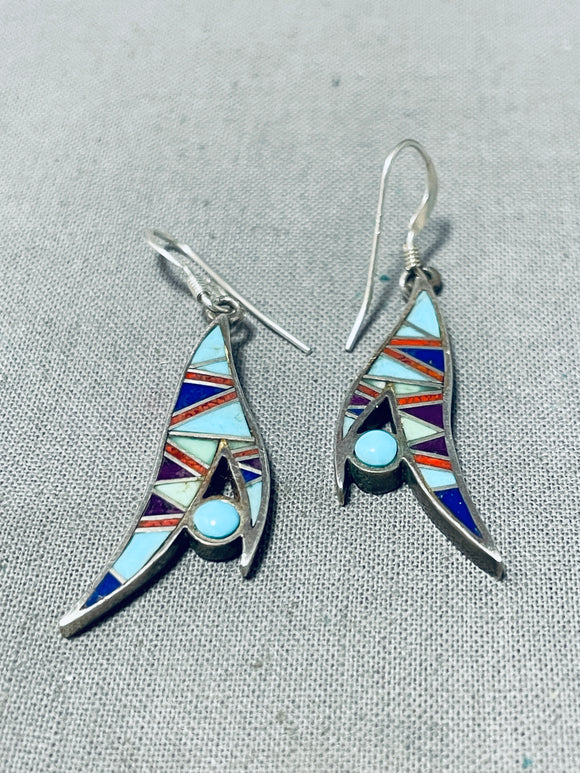 Boots Native American Zuni Sleeping Beauty Turquoise Coral Sterling Silver Earrings-Nativo Arts