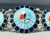 Burd Soseeh Vintage Native American Zuni Blue Gem Turquoise Sterling Silver Sunface Bracelet-Nativo Arts