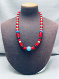 Native American Very Unique Santo Domingo Coral Turquoise Sterling Silver Necklace-Nativo Arts