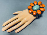 Native American The Most Unique Domed Coral Turquoise Sterling Silver Bracelet-Nativo Arts