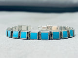 Rare Vintage Native American Navajo Sleeping Beauty Turquoise Square Cut Silver Link Bracelet-Nativo Arts