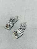 Dazzling Vintage Native American Zuni Inlay Opal Jet Square Sterling Silver Earrings-Nativo Arts