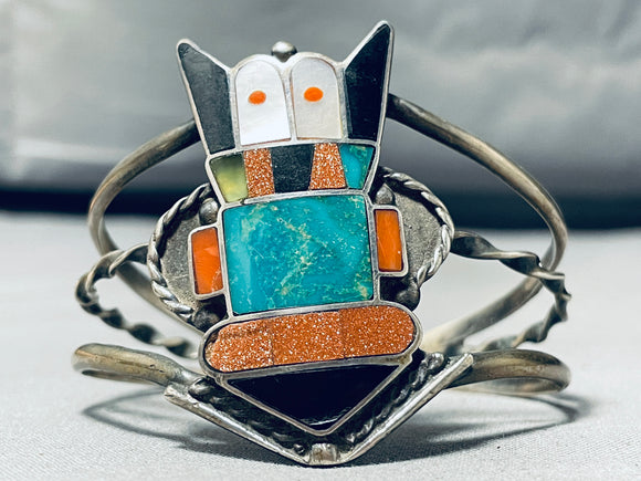 Native American One Of The Most Unique Ever Vintage Zuni Kachina Inlay Sterling Silver Bracelet-Nativo Arts