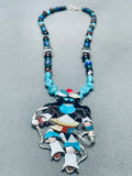 Huge Kachina Dancer Native American Zuni Turquoise Inlay Sterling Silver Necklace-Nativo Arts