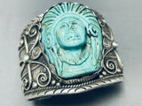 Gasp! 145 Gram Hand Carved Chief Navajo Turquoise Sterling Silver Bracelet-Nativo Arts