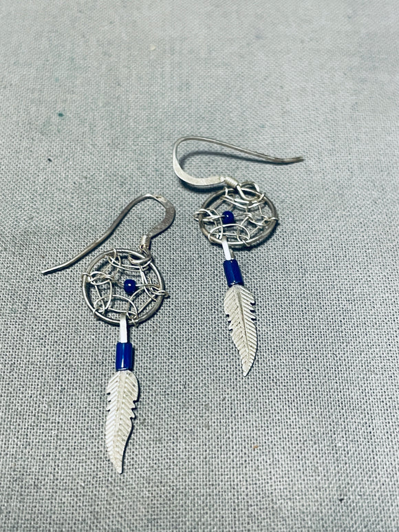 Feather Dreamcatcher Dangles Vintage Native American Navajo Sterling Silver Earrings-Nativo Arts