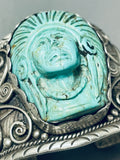 Gasp! 145 Gram Hand Carved Chief Navajo Turquoise Sterling Silver Bracelet-Nativo Arts