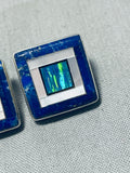 Dazzling Native American Navajo Inlay Lapis Opal Mother Of Pearl Sterling Silver Square Earrings-Nativo Arts