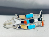Inpressive Native American Zuni Signed Inlay Turquoise Coral Jet Bird Sterling Silver Bracelet-Nativo Arts
