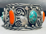 H Boyd Vintage Native American Navajo Green Turquoise Coral Sterling Silver Bracelet Old-Nativo Arts