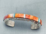 6.5 Inch Wrist Native American Navajo Orange Shell Sterling Silver Inlay Bracelet Cuff-Nativo Arts