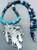 Huge Kachina Dancer Native American Zuni Turquoise Inlay Sterling Silver Necklace-Nativo Arts