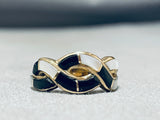 Important Vintage Native American Navajo Signed Zia Symbol Inlaid 14k Gold Ring
