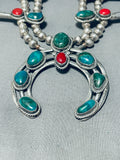 Gasp! Green Turquoise Vintage Native American Navajo Sterling Silver Squash Blossom Necklace-Nativo Arts