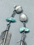 Intricate Feather Vintage Native American Navajo Turquoise Sterling Silver Earrings-Nativo Arts