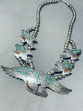 Nezzie Vintage Native American Navajo Eagle Turquoise Inlay Sterling Silver Necklace-Nativo Arts