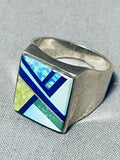 Very Rare!! Vintage Santo Domingo Turquoise Inlay Sterling Silver Ring-Nativo Arts