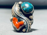 Intricate Vintage Native American Navajo Carico Lake Turquoise Coral Sterling Silver Ring-Nativo Arts