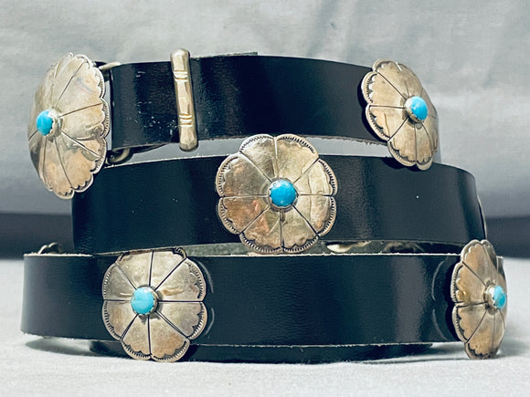 Traditional Vintage Native American Navajo Old Kingman Turquoise Sterling Silver Concho Belt-Nativo Arts