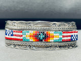 American Flag Hand Beaded Vintage Native American Navajo Sterling Silver Bracelet-Nativo Arts