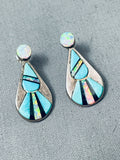 Detailed Vintage Navojo Opal Turquoise Inlay Sterling Silver Earrings-Nativo Arts