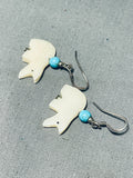 Whimsical Native American Zuni Shell & Turquoise Polar Bear Sterling Silver Earrings-Nativo Arts