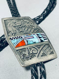 One Of The Best Vintage Native American Navajo Turquoise Inlay Sterling Silver Bolo Tie-Nativo Arts
