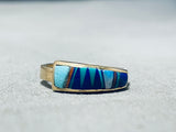 14k Gold Vintage Native American Navajo Size 7.5 Turquoise Inlay Ring-Nativo Arts