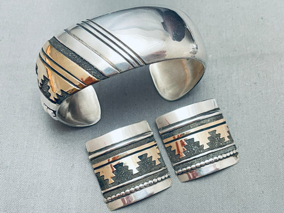 Rare Thomas Singer Vintage Native American Navajo Gold Sterling Silver Bracelet Earrings-Nativo Arts