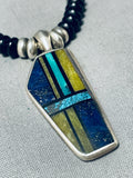 Intricate Vintage Native American Navajo Lapis Turquoise Sterlign Silver Necklace