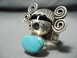 Unique Native American Navajo Old Kingman Turquoise Sterling Silver Kachina Ring-Nativo Arts