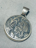 Dramatic Vintage Native American Hopi Inlay Turquoise Opal Chisled Dancer Silver Pendant-Nativo Arts